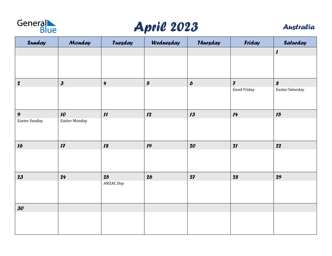 April 2023 Calendar with Australia Holidays