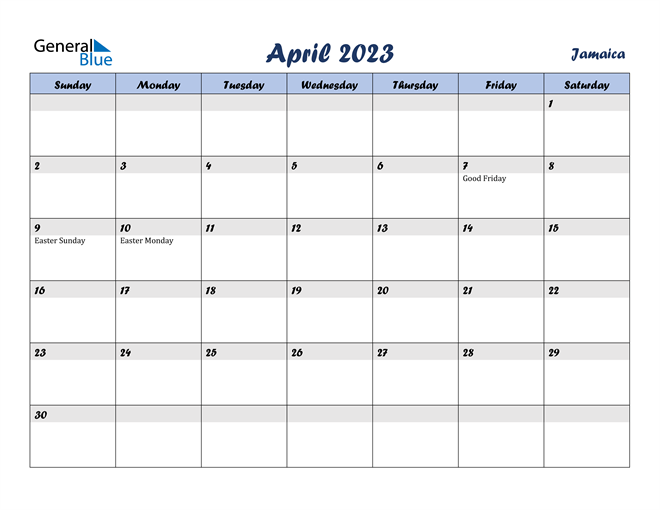 April 2023 Calendar with Jamaica Holidays