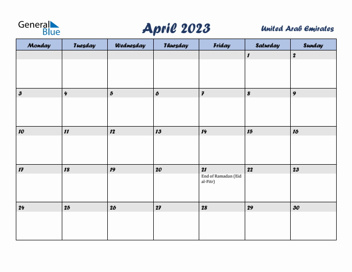 April 2023 Calendar with Holidays in United Arab Emirates