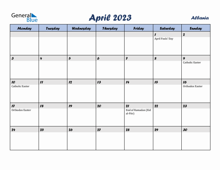 April 2023 Calendar with Holidays in Albania