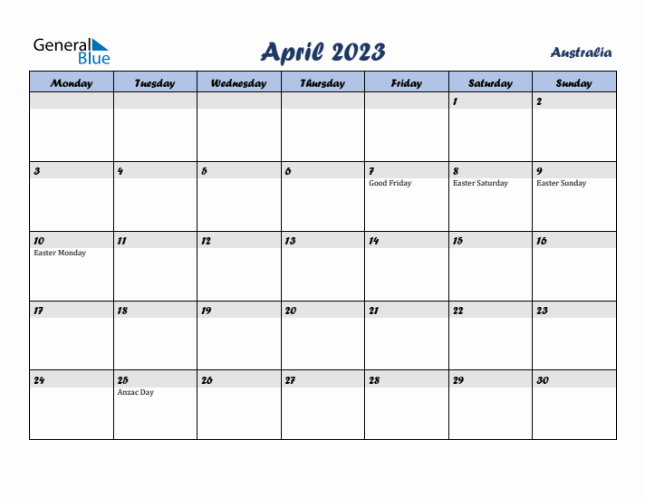 April 2023 Calendar with Holidays in Australia