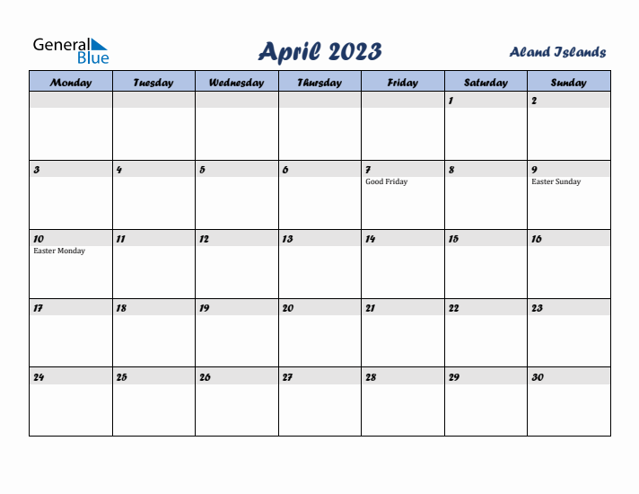 April 2023 Calendar with Holidays in Aland Islands