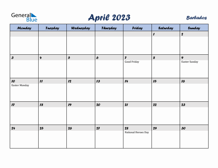 April 2023 Calendar with Holidays in Barbados