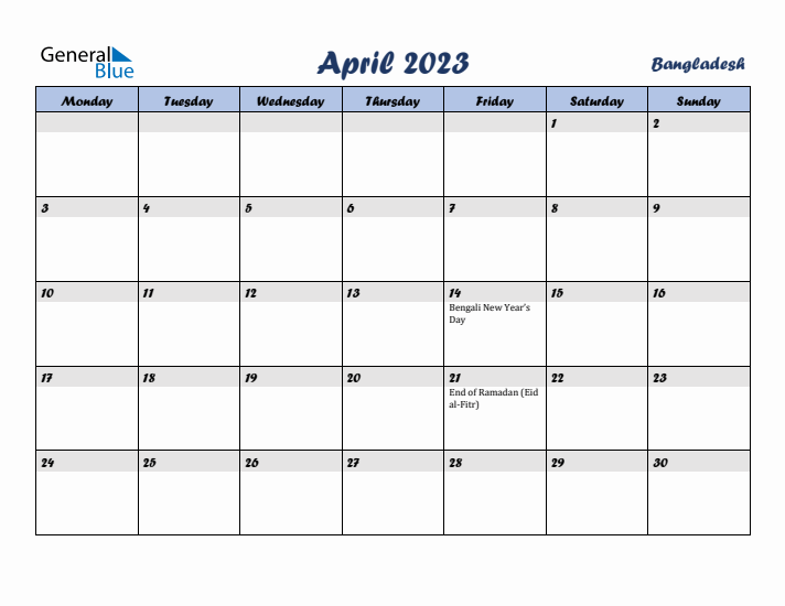 April 2023 Calendar with Holidays in Bangladesh