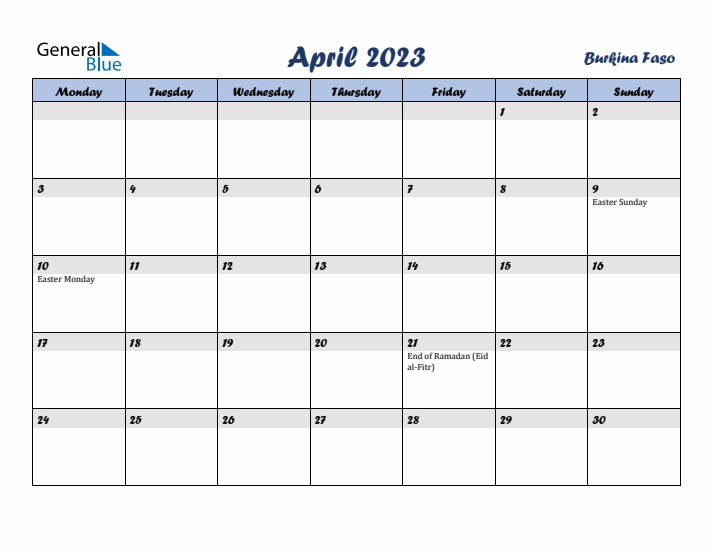 April 2023 Calendar with Holidays in Burkina Faso
