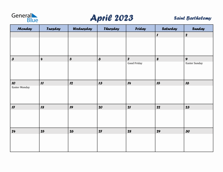 April 2023 Calendar with Holidays in Saint Barthelemy