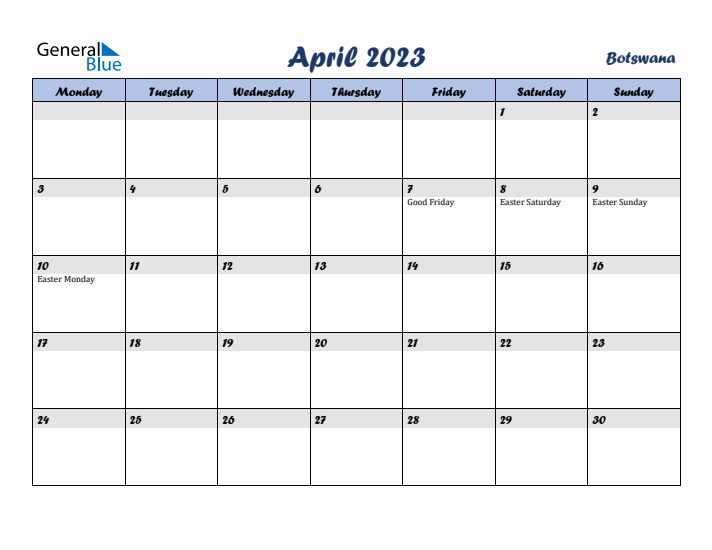 April 2023 Calendar with Holidays in Botswana