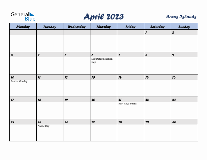 April 2023 Calendar with Holidays in Cocos Islands