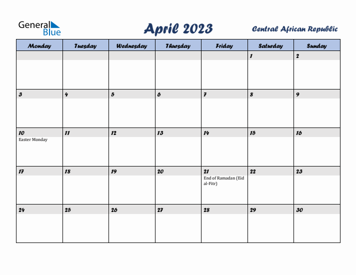 April 2023 Calendar with Holidays in Central African Republic