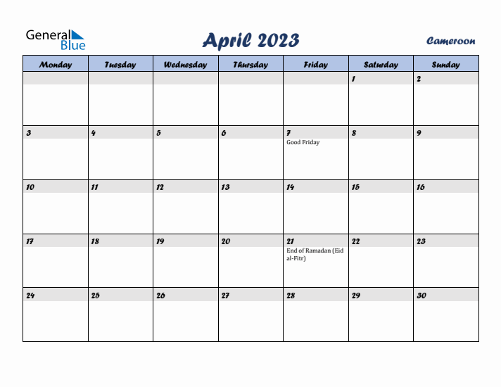 April 2023 Calendar with Holidays in Cameroon