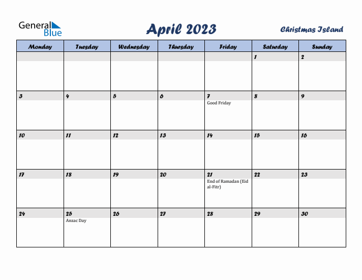 April 2023 Calendar with Holidays in Christmas Island