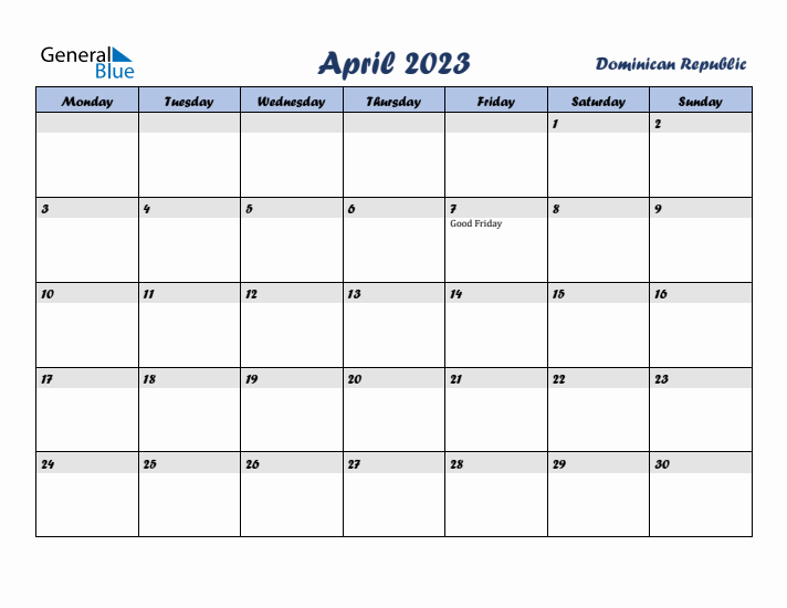 April 2023 Calendar with Holidays in Dominican Republic