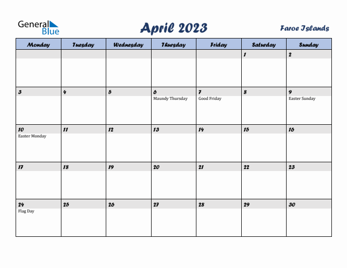 April 2023 Calendar with Holidays in Faroe Islands