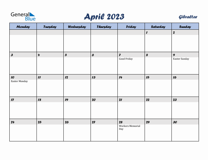 April 2023 Calendar with Holidays in Gibraltar