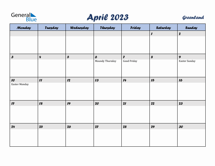 April 2023 Calendar with Holidays in Greenland