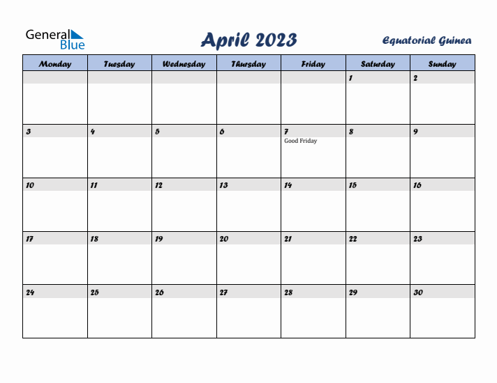 April 2023 Calendar with Holidays in Equatorial Guinea