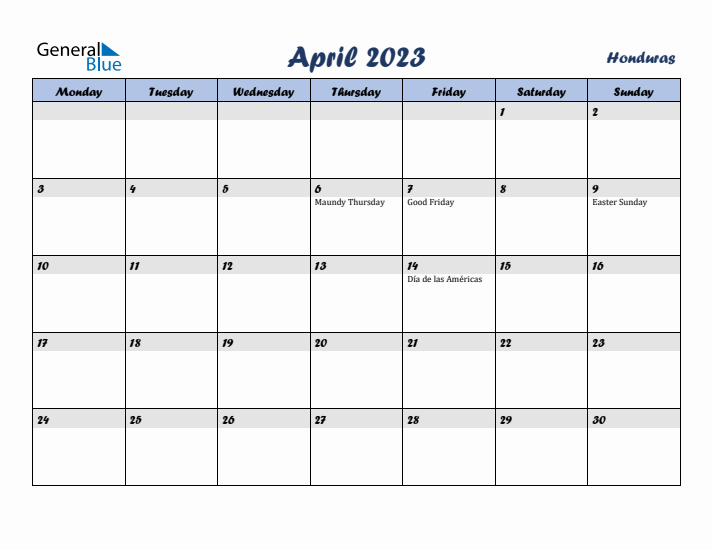 April 2023 Calendar with Holidays in Honduras