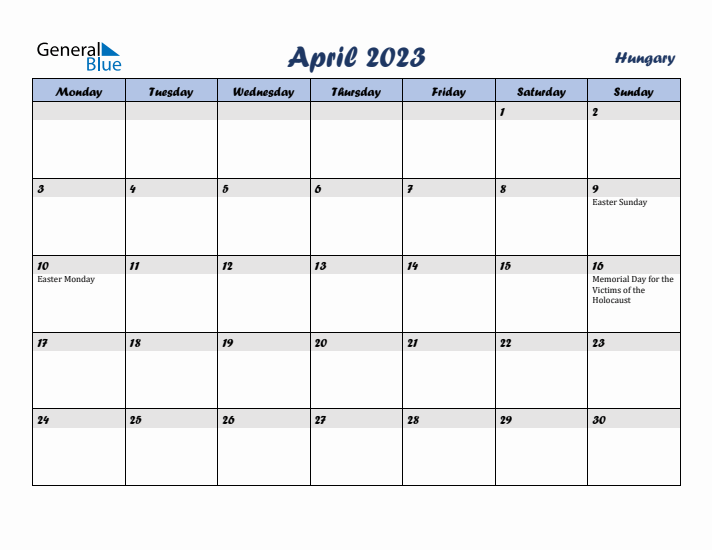 April 2023 Calendar with Holidays in Hungary