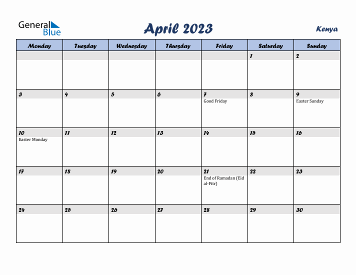 April 2023 Calendar with Holidays in Kenya
