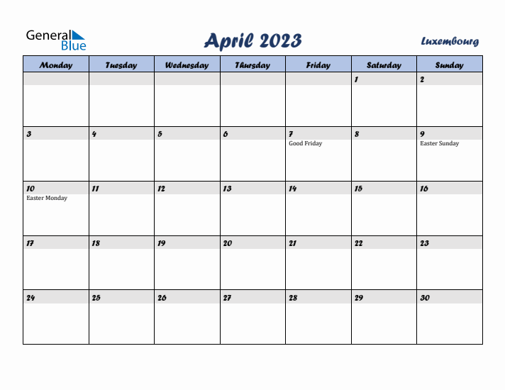 April 2023 Calendar with Holidays in Luxembourg