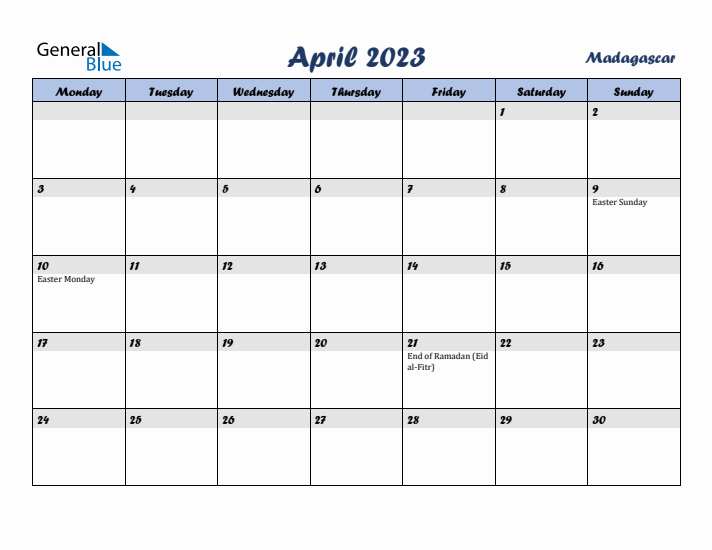 April 2023 Calendar with Holidays in Madagascar