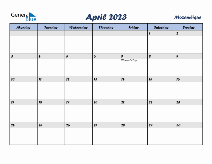 April 2023 Calendar with Holidays in Mozambique