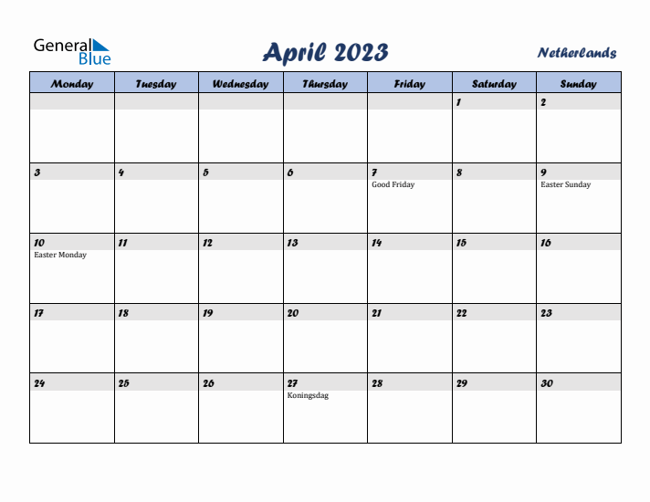 April 2023 Calendar with Holidays in The Netherlands