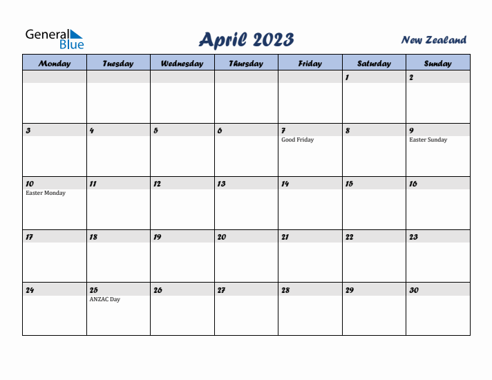 April 2023 Calendar with Holidays in New Zealand