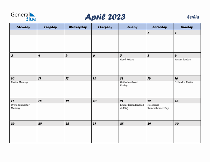 April 2023 Calendar with Holidays in Serbia