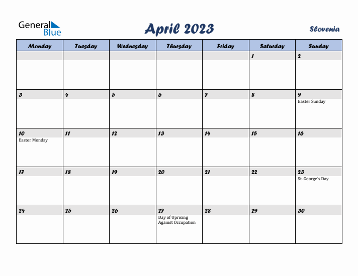 April 2023 Calendar with Holidays in Slovenia