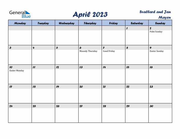 April 2023 Calendar with Holidays in Svalbard and Jan Mayen