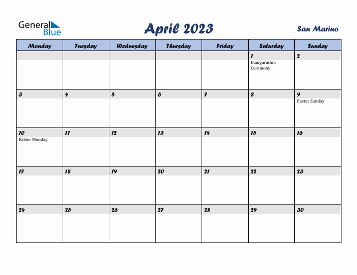 April 2023 Calendar with Holidays in San Marino