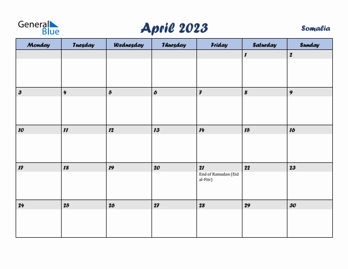 April 2023 Calendar with Holidays in Somalia