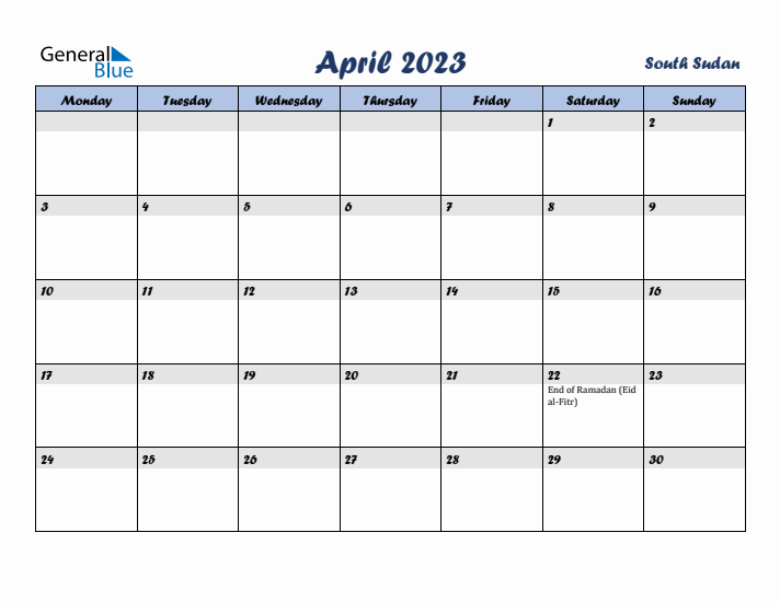 April 2023 Calendar with Holidays in South Sudan