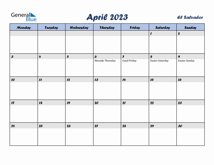 April 2023 Calendar with Holidays in El Salvador