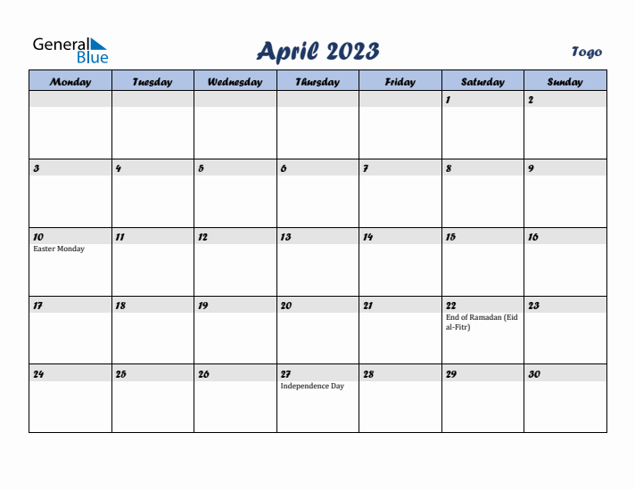 April 2023 Calendar with Holidays in Togo