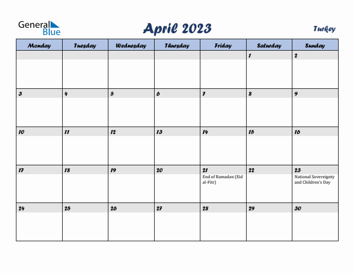 April 2023 Calendar with Holidays in Turkey