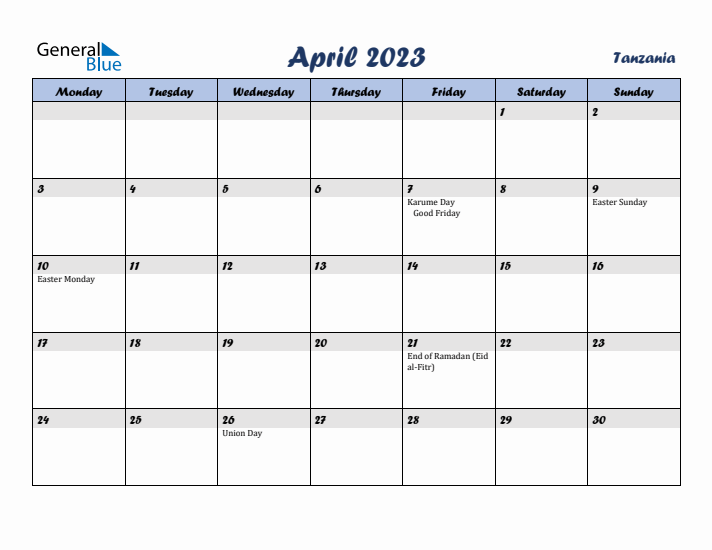 April 2023 Calendar with Holidays in Tanzania