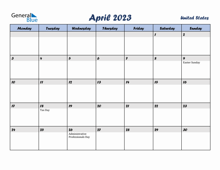 April 2023 Calendar with Holidays in United States