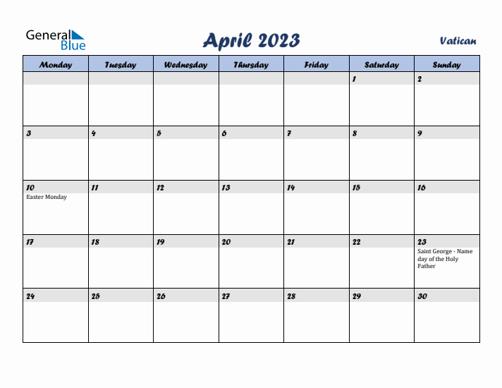 April 2023 Calendar with Holidays in Vatican