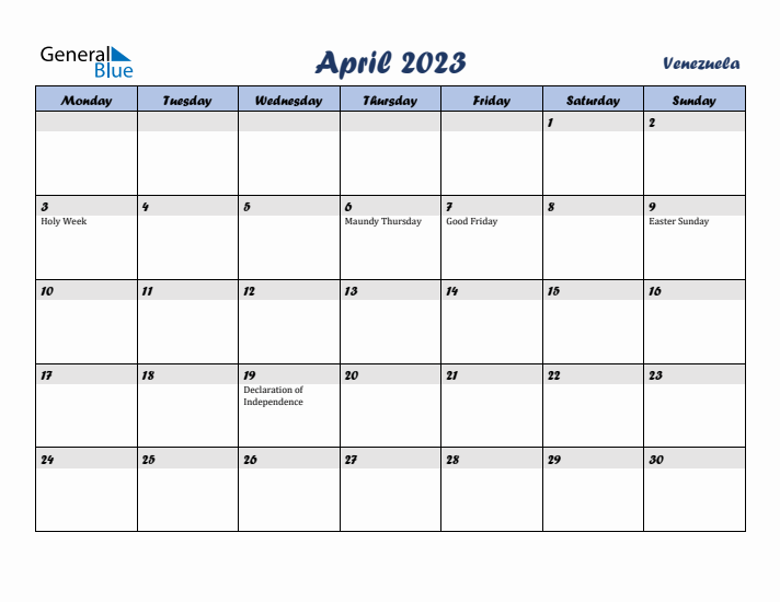 April 2023 Calendar with Holidays in Venezuela