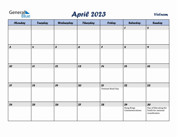 April 2023 Calendar with Holidays in Vietnam