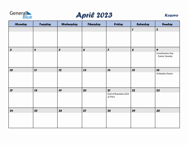 April 2023 Calendar with Holidays in Kosovo