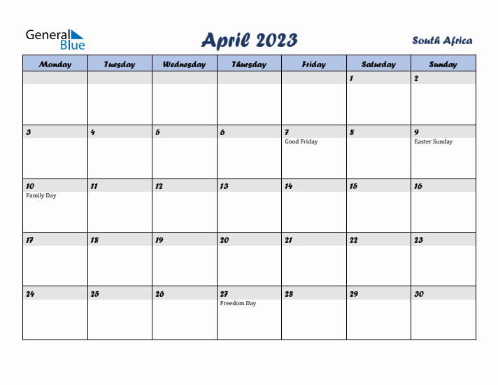 April 2023 Calendar with Holidays in South Africa