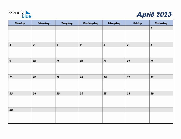 April 2023 Blue Calendar (Sunday Start)