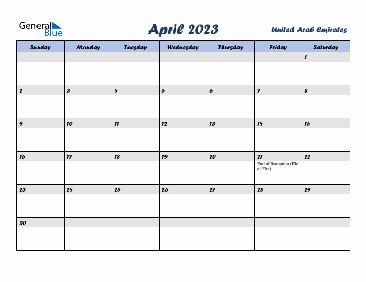 April 2023 Calendar with Holidays in United Arab Emirates