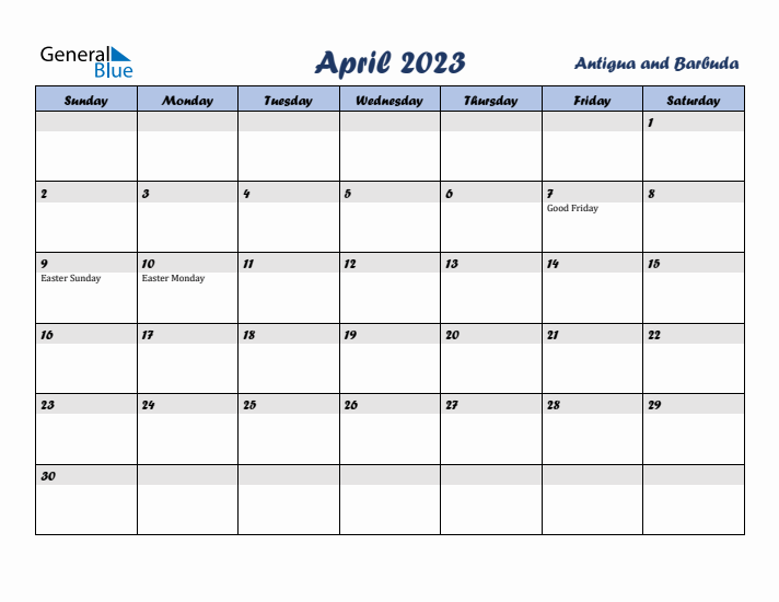April 2023 Calendar with Holidays in Antigua and Barbuda