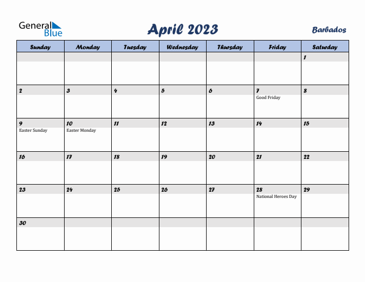 April 2023 Calendar with Holidays in Barbados