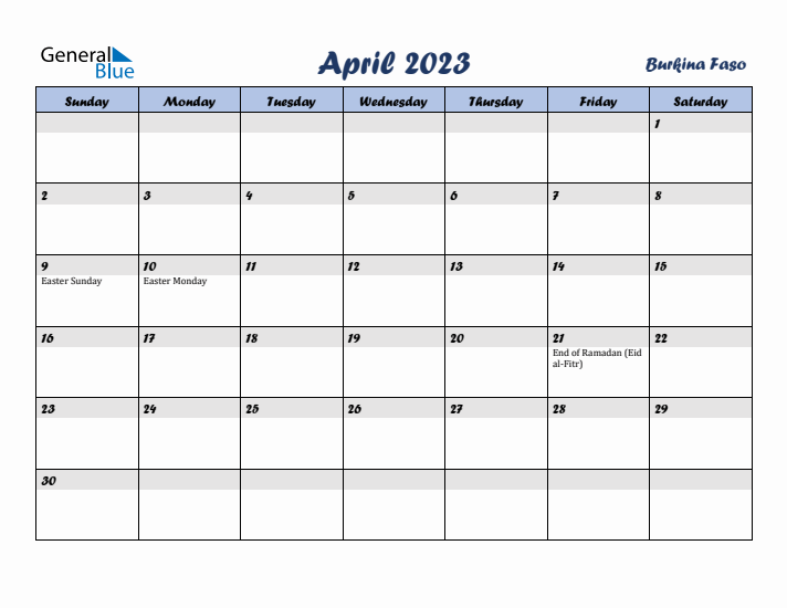 April 2023 Calendar with Holidays in Burkina Faso