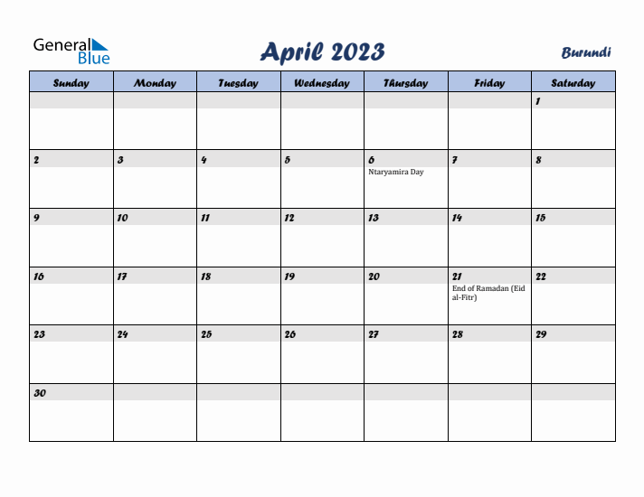 April 2023 Calendar with Holidays in Burundi